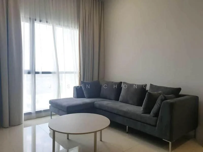 Living features: L-shape sectional sofa in grey, round coffee table with light wood finish, floor-to-ceiling windows, sheer curtains, white painted walls, glossy tile flooring, neutral decor, natural light; style: modern; view: city.