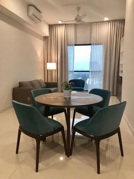 Dining features: round dining table, 4 upholstered dining chairs in teal, floor-to-ceiling window, sheer curtains, laminate flooring, 3-blade ceiling fan, table lamp, sofa in grey, decorative plant on table; style: modern; view: city.