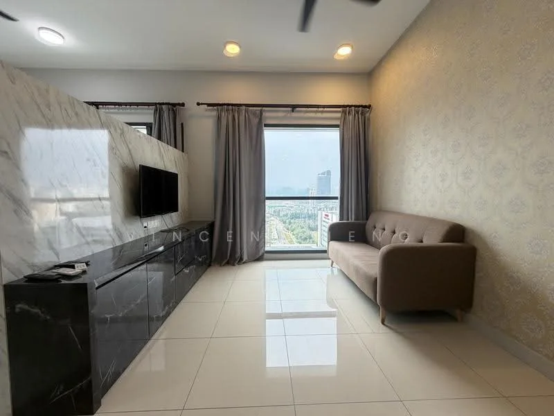 Living features: white painted walls, feature wall with marble finish, large window with city view, grey curtains, sofa in beige fabric, flat-screen TV mounted on wall, black TV console, glossy tile flooring, recessed ceiling lights, ceiling fan; style: modern; view: city.