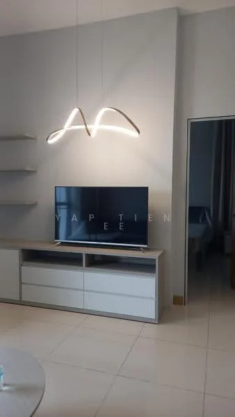 Living features: wall-mounted TV, TV console in white, light wood shelving unit, modern pendant light fixture, cream tiled flooring, neutral grey walls, open space layout; style: modern.