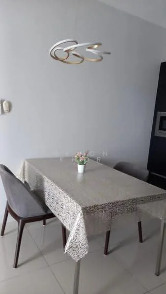 Dining features: rectangular dining table with tablecloth, 4 dining chairs, pendant light fixture, white painted walls, glossy tile flooring, decorative plant in vase, built-in cabinetry, neutral color palette; style: modern.