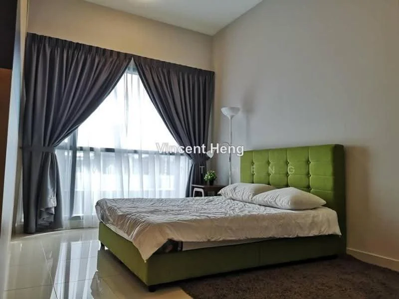 Bedroom features: green upholstered bed frame, queen-size bed with white bedding, floor-to-ceiling windows, sheer curtains, dark grey blackout curtains, white walls, glossy tile flooring, standing lamp; style: modern.