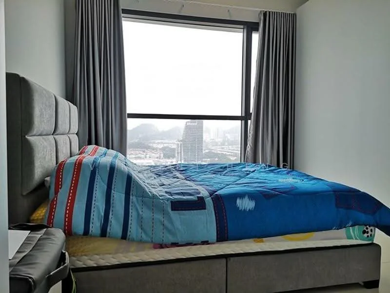 Bedroom features: king-size bed, upholstered headboard, colorful quilted bedspread, floor-to-ceiling window, grey curtains, city skyline view, nightstand, laminate flooring, decorative wall, built-in wardrobe; style: modern; view: city.