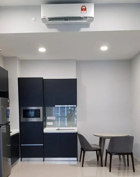 Kitchen features: dark cabinetry, white countertop, built-in microwave, stainless-steel fridge, single-bowl stainless-steel sink, chrome pull-down faucet, 2-seater dining table, 2 upholstered dining chairs, recessed LED downlights, wall-mounted split AC, ceramic tile flooring, grey painted walls; style: modern.