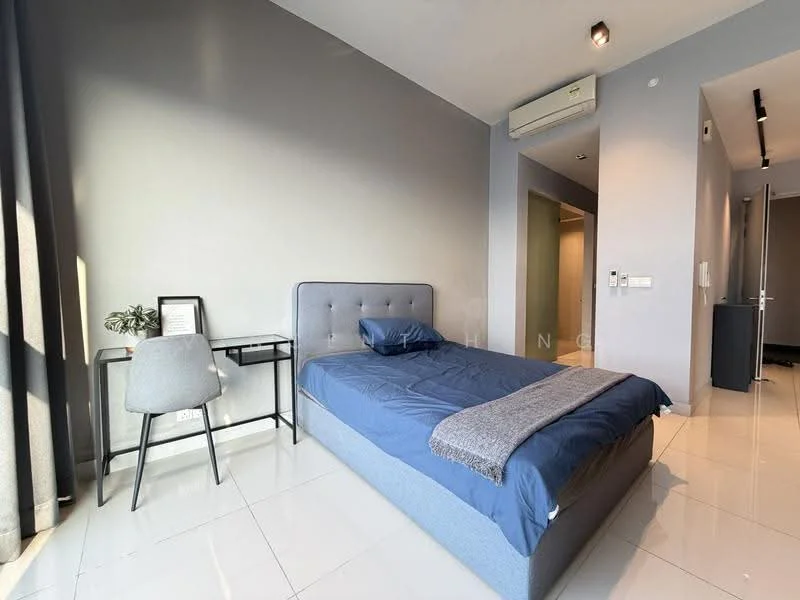 Bedroom features: king-size bed with blue bedding, upholstered headboard, study desk with black frame, grey fabric chair, floor-to-ceiling windows with sheer curtains, white painted walls, polished tile flooring, air conditioning unit on wall, decorative plant on desk, recessed downlights; style: modern.