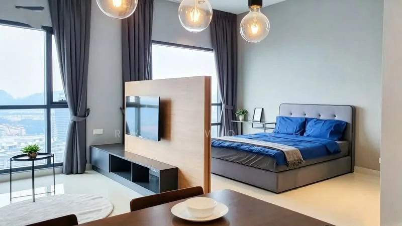Bedroom features: king-size bed with blue bedding, upholstered headboard, floor-to-ceiling windows, grey painted walls, light-colored flooring, wall-mounted TV, wooden TV console, decorative pendant lights, curtains, side table, decorative plant, open shelving unit; style: modern; view: city. Dining features: dining table for four, ceramic plates, wooden dining chairs; style: modern.