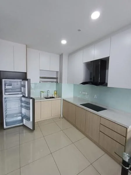 Kitchen features: white cabinetry, light wood cabinetry, marble countertop, stainless-steel sink, chrome pull-down faucet, built-in oven, stainless-steel range hood, 4-burner induction hob, refrigerator with freezer, glass backsplash, recessed LED downlights, tile flooring; style: modern.