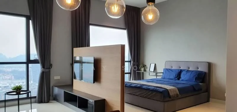Bedroom features: king-size bed with grey upholstered headboard, blue bedding, floor-to-ceiling windows, grey painted walls, white ceiling, 3 pendant lights, wooden TV console, wall-mounted TV, black side table, curtains, decorative plant on table, light-colored flooring; style: modern; view: city.