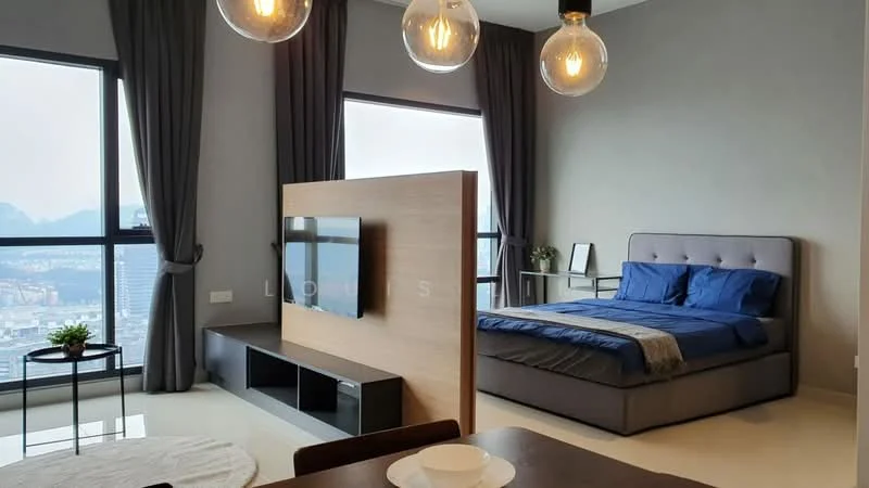 Bedroom features: king-size bed with blue bedding, upholstered headboard, wall-mounted TV, wooden TV console, grey accent wall, floor-to-ceiling windows, curtains, pendant lighting, side table, decorative plant, polished tile flooring; style: modern; view: city.