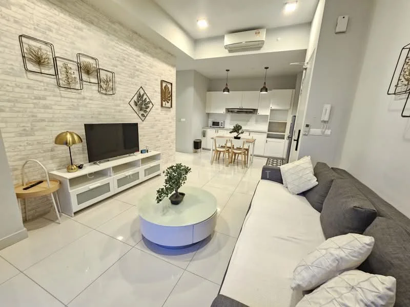 Living features: grey fabric sofa, white coffee table, TV console with storage, wall-mounted TV, decorative wall art, white painted walls, recessed ceiling lights, air conditioning unit, dining table with four chairs, open kitchen layout, ceramic tile flooring, houseplant in ceramic pot; style: modern.