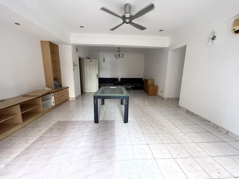 Living features: white painted walls, ceramic tile flooring, 5-blade ceiling fan, recessed downlights, large windows, built-in shelving unit, dining table, sofa set, chandelier, air conditioning unit; style: modern.