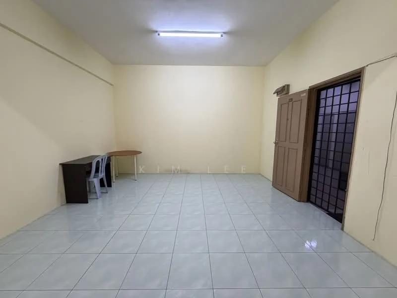 Room features: light yellow painted walls, glossy white tile flooring, fluorescent ceiling light, wooden table, plastic chair, double wooden door, sliding glass door, empty space; style: minimalist.