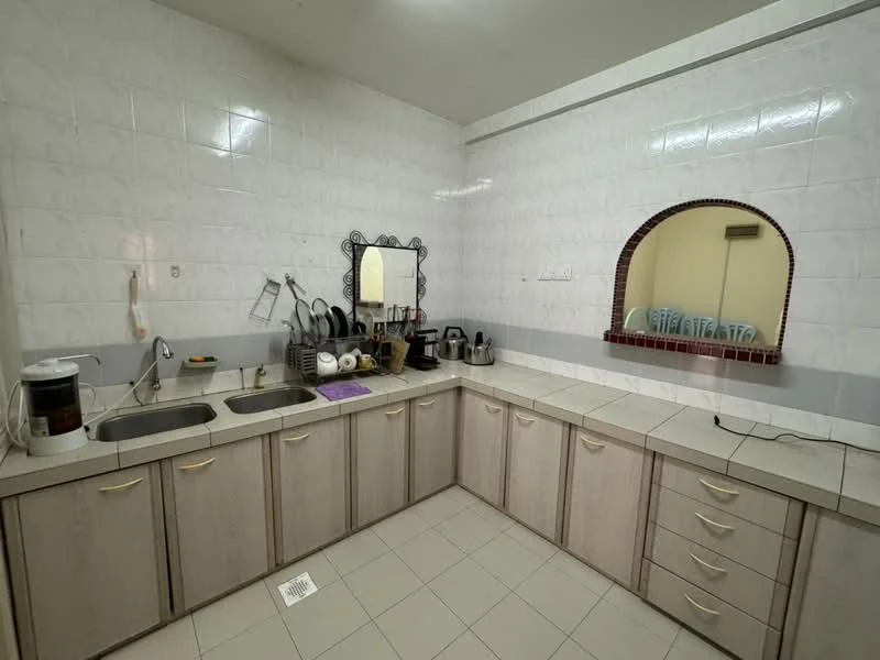 Kitchen features: light wood cabinetry, white tiled walls, grey tiled backsplash, double-bowl stainless-steel sink, chrome faucet, countertop with integrated backsplash, built-in mirror, kitchen utensils on countertop, various kitchen appliances, floor tiles, open shelving, under-cabinet lighting; style: modern.