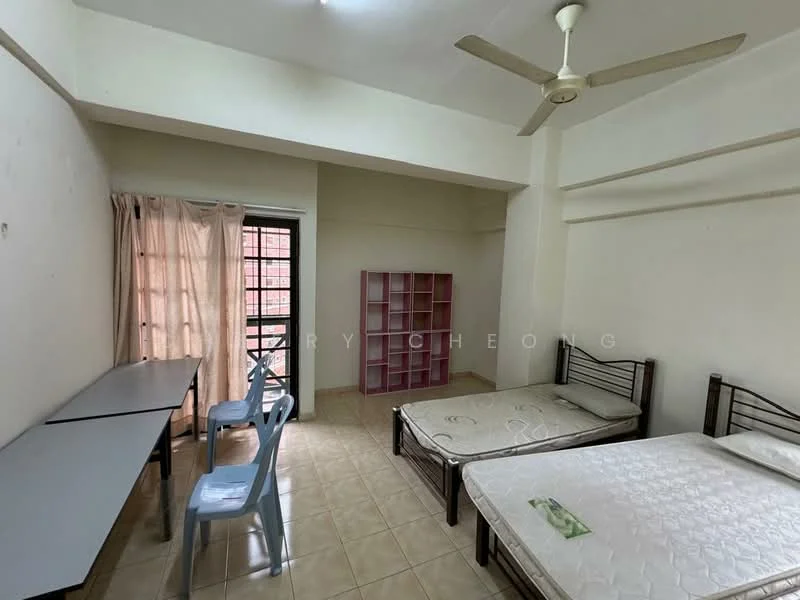 Bedroom features: two single beds, metal bed frames, light-colored bedding, ceiling fan, window with sheer curtains, desk with two chairs, open shelving unit, tiled flooring, white painted walls.