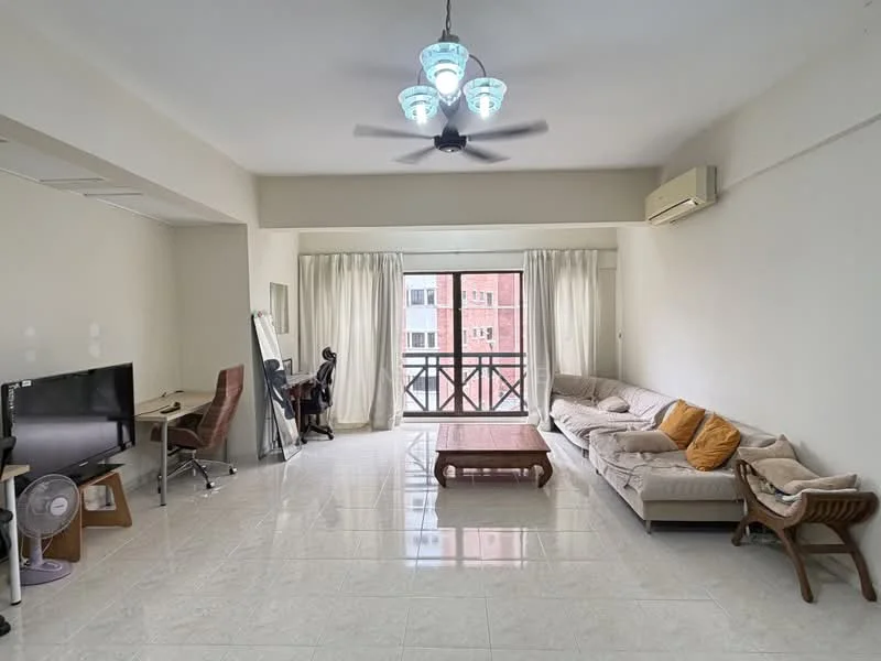Living features: sofa with cushions in beige, coffee table, wall-mounted TV, TV console, ceiling fan with light, floor-to-ceiling windows, sheer curtains, air conditioning unit, light-colored tiled flooring, decorative mirror, wooden armchair, study desk with chair; style: modern.