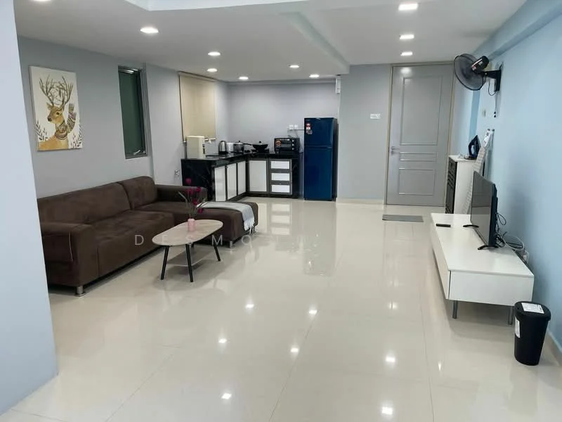 Living features: 3-seater fabric sofa in brown, coffee table, wall-mounted TV, TV console, recessed LED downlights, floor-to-ceiling windows, cream tiled flooring, air conditioning unit, decorative wall art with deer motif, white side table; style: modern. Kitchen features: kitchen cabinets in white, stainless-steel sink, built-in oven, freestanding fridge in blue, microwave, 4-burner gas hob, black countertop, tile backsplash; style: modern.