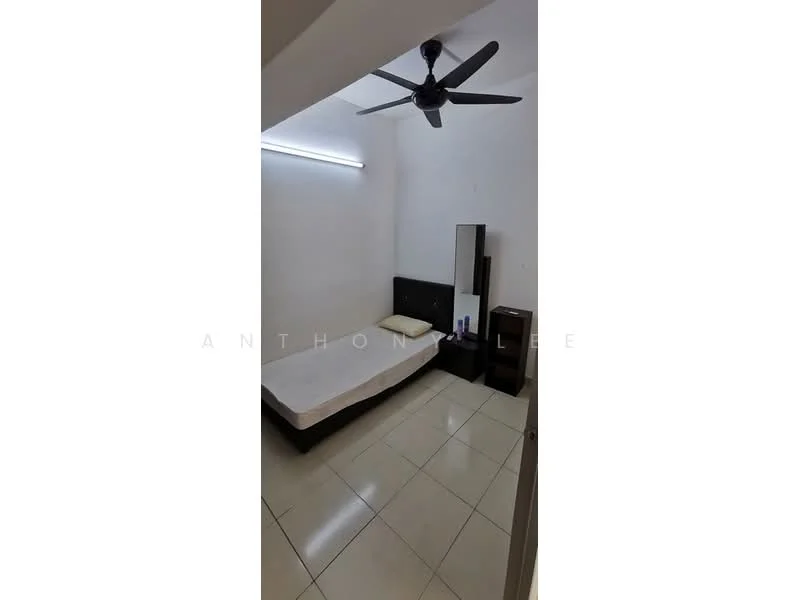 Bedroom features: white painted walls, tile flooring, 5-blade ceiling fan, single bed, nightstand, mirror, window with natural light, minimalist decor; style: minimalist.
