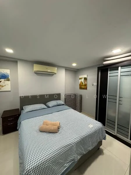 Bedroom features: queen-size bed with checkered bedding, upholstered headboard, 2 bedside tables, wall-mounted air conditioning unit, recessed LED downlights, sliding mirror wardrobe, decorative artwork on walls, tile flooring; style: modern.