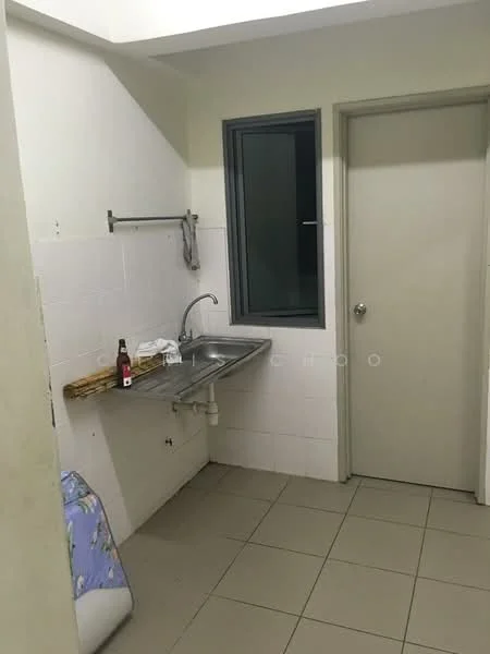 Room features: single-bowl stainless-steel sink, chrome faucet, white tiled walls, grey tiled flooring, window with metal frame, plain door, wooden shelf, bottle on countertop; style: minimalist.