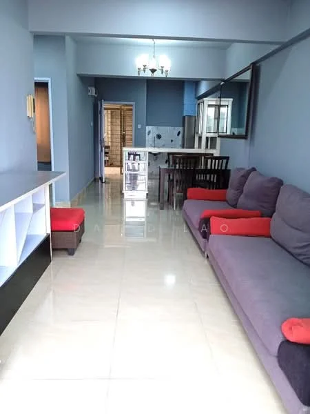 Living features: grey fabric sofa with red cushions, wooden dining table with four chairs, tile flooring, light blue painted walls, chandelier with multiple bulbs, large mirror on wall, open layout to kitchen, window with natural light; style: modern. Kitchen features: white cabinetry, black countertop, stainless-steel sink, tile backsplash, built-in stove, refrigerator, open shelving; style: modern.