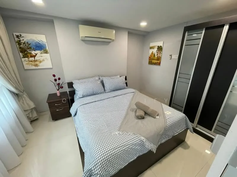 Bedroom features: queen-size bed with checkered bedding, 2 bedside tables, wall-mounted air conditioning unit, built-in wardrobe with sliding doors, white curtains, decorative artwork on walls, tile flooring, recessed ceiling lights; style: modern.
