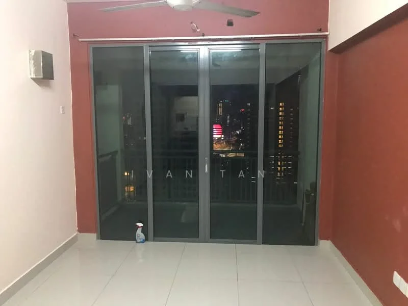 Room features: sliding glass door, floor-to-ceiling windows, red accent wall, white painted walls, ceramic tile flooring, ceiling fan, city view; style: modern; view: city.
