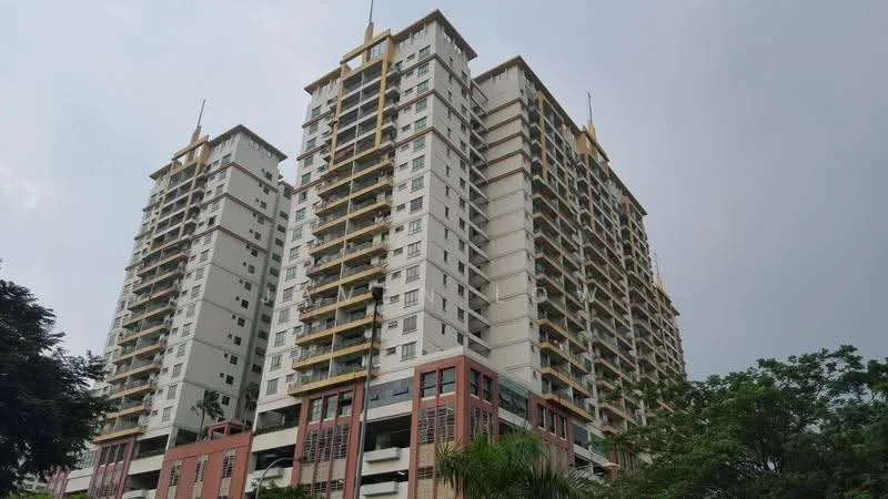 Exterior type: high-rise condominium; features: white painted facade, glass curtain wall, recessed balconies, approximately 15-storey high-rise, manicured lawn, mature trees, surrounded by greenery; style: modern.