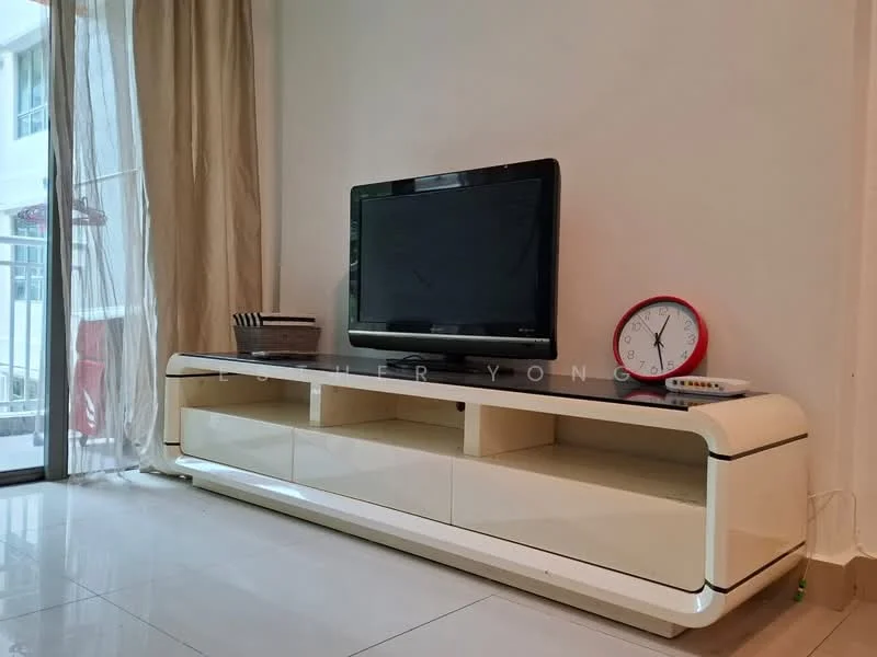 Living features: white glossy TV console, flat-screen TV, red wall clock, light-colored curtains, large glass sliding door, white tiled flooring, decorative items on console, minimalist decor; style: modern.