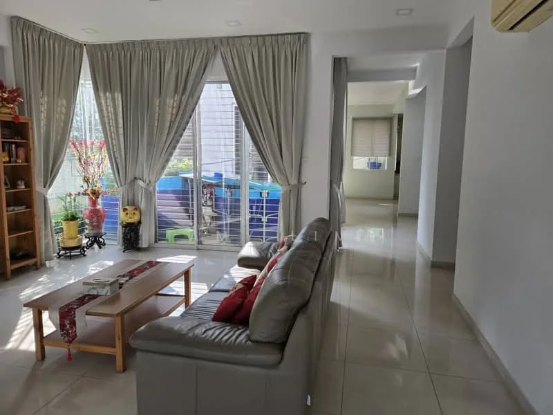 Living features: grey leather sofa, coffee table, floor-to-ceiling windows, sheer curtains, tile flooring, decorative plants, wall-mounted air conditioning unit, decorative wall art; style: modern; view: garden. Room features: light grey painted walls, recessed downlights, open hallway, window with blinds.