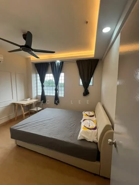 Bedroom features: queen-size bed with grey bedding, upholstered headboard, 2 bedside pillows, ceiling fan, recessed LED downlights, blackout curtains, floor-to-ceiling windows, wooden flooring, study desk, wall-mounted air conditioning unit; style: modern; view: garden.