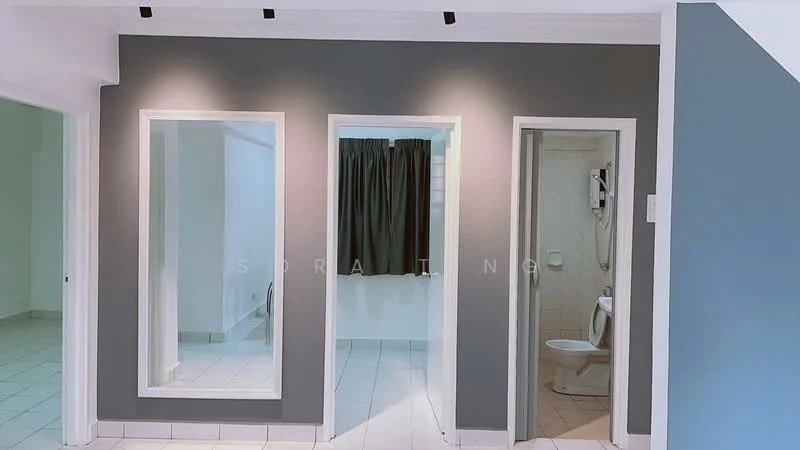 Room features: grey accent wall, white painted walls, tile flooring, three full-length mirrors, blackout curtains, bathroom visible through doorway, toilet visible in bathroom, shower head visible in bathroom, light fixtures on ceiling; style: modern.