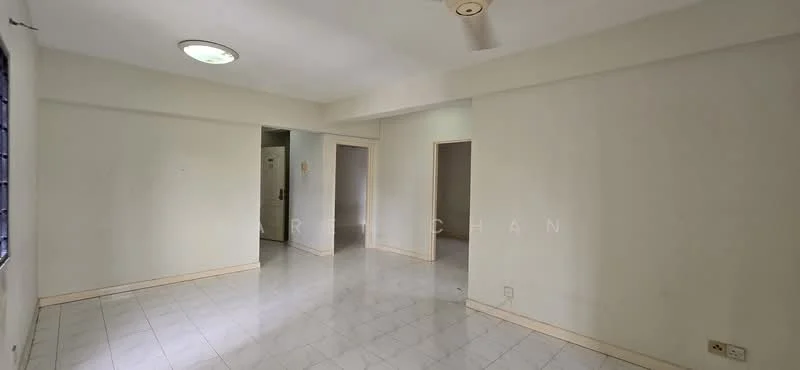 Room features: white painted walls, ceramic tile flooring, ceiling light fixture, 1 ceiling fan, doorway leading to another room, window with no visible treatment, neutral color scheme, empty space.