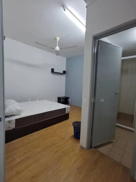 Bedroom features: queen-size bed, wooden bed frame, light wood flooring, white painted walls, ceiling fan, built-in shelf, laundry basket, door leading to bathroom, recessed lighting; style: modern. Bathroom features: shower enclosure, tile flooring, white walls, glass door, sink with faucet, mirror, toilet; style: modern.