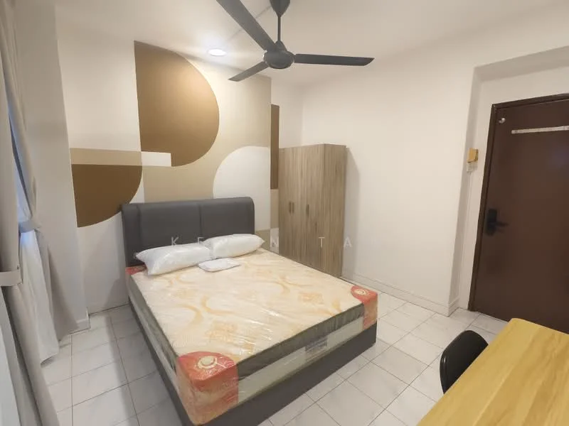 Bedroom features: queen-size bed, upholstered headboard, wooden wardrobe, white painted walls, geometric accent wall, tile flooring, ceiling fan, window with sheer curtains, study desk, black chair; style: modern.