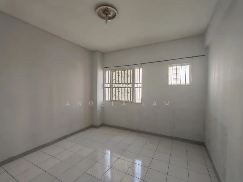 Room features: white painted walls, tile flooring, ceiling fan, two small windows with security bars, neutral color scheme, no visible furniture, corner room, natural light from windows.