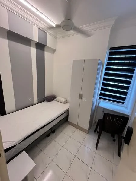 Bedroom features: single bed, white bedding, grey accent wall, white painted walls, ceiling fan, built-in wardrobe, study desk, chair, tile flooring, window with blinds; style: modern.