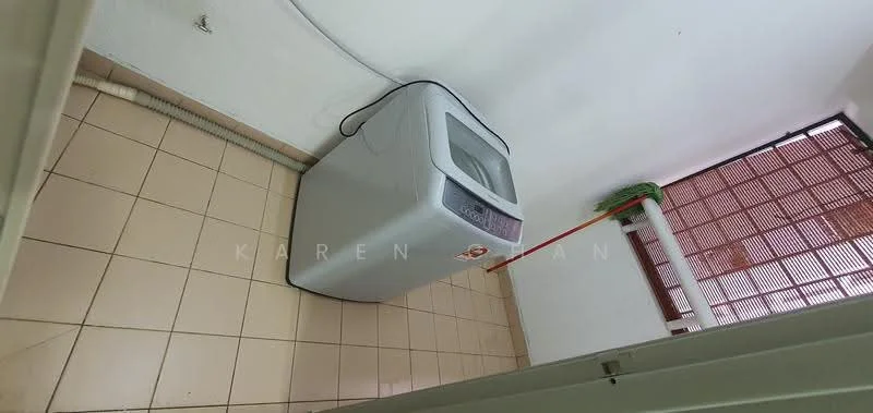 Laundry features: top-load washing machine, tile flooring, white painted walls, window with wooden grille, laundry area with plumbing, neutral color scheme.