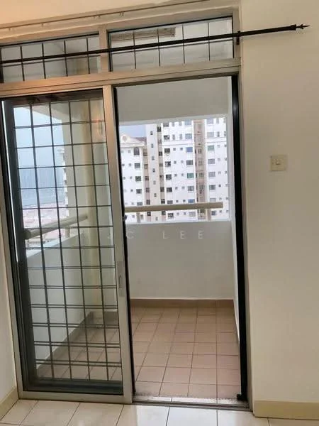 Room features: sliding glass door, grid pattern window, tiled flooring, balcony with railing, white walls, neutral color scheme; style: modern; view: city.