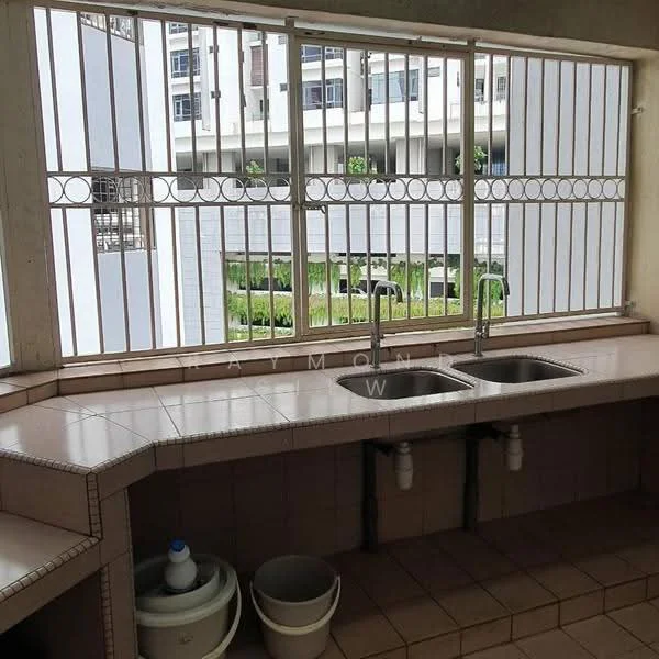 Kitchen features: double-bowl stainless-steel sink, chrome pull-down faucet, ceramic tile countertop, tile backsplash, window with security bars, view of outdoor greenery, built-in cabinetry, floor-to-ceiling window; view: garden.