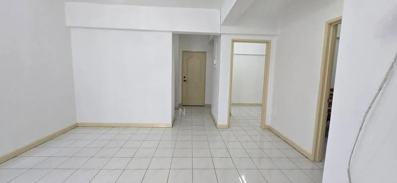 Room features: white painted walls, glossy ceramic tile flooring, plain ceiling, doorway leading to another room, doorway leading to hallway, neutral trim around doors, no visible furniture or decor; style: modern.
