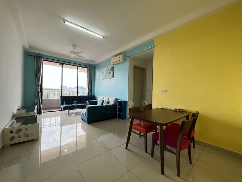 Living features: blue accent wall, light blue painted walls, white ceiling, 5-blade ceiling fan, sliding glass door, floor-to-ceiling windows, grey fabric sofa, coffee table, area rug, tile flooring, dining table with four chairs; style: modern; view: city.