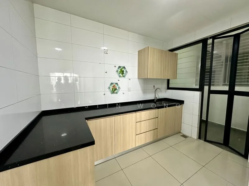 Kitchen features: black granite countertop, light wood cabinetry, stainless-steel sink, chrome pull-down faucet, white tiled walls, ceramic tile flooring, floor-to-ceiling windows, sliding glass door; style: modern.