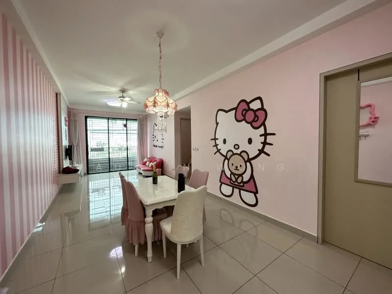 Dining features: pink painted walls with white stripes, Hello Kitty wall mural, white dining table, 6 upholstered dining chairs in pink, chandelier with multiple shades, large sliding glass door, floor-to-ceiling windows, glossy tile flooring, ceiling fan with light, wall-mounted TV, decorative wall art; style: modern; view: garden.