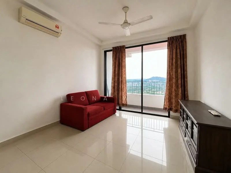 Living features: red fabric sofa, TV console, floor-to-ceiling windows, curtains in brown, white painted walls, glossy ceramic tile flooring, ceiling fan, mountain view; style: modern; view: mountain.