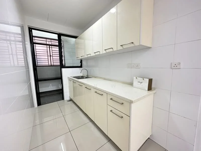 Kitchen features: white cabinetry with flat-panel doors, marble countertop, single-bowl stainless-steel sink, chrome pull-down faucet, ceramic tile flooring, white tiled walls, window with black frame, under-cabinet lighting; style: modern.