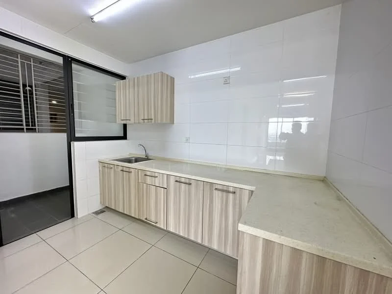 Kitchen features: laminate cabinetry in light wood finish, white quartz countertop, single-bowl stainless-steel sink, chrome pull-down faucet, white tiled walls, ceramic tile flooring, floor-to-ceiling windows, open layout with adjacent space; style: modern.