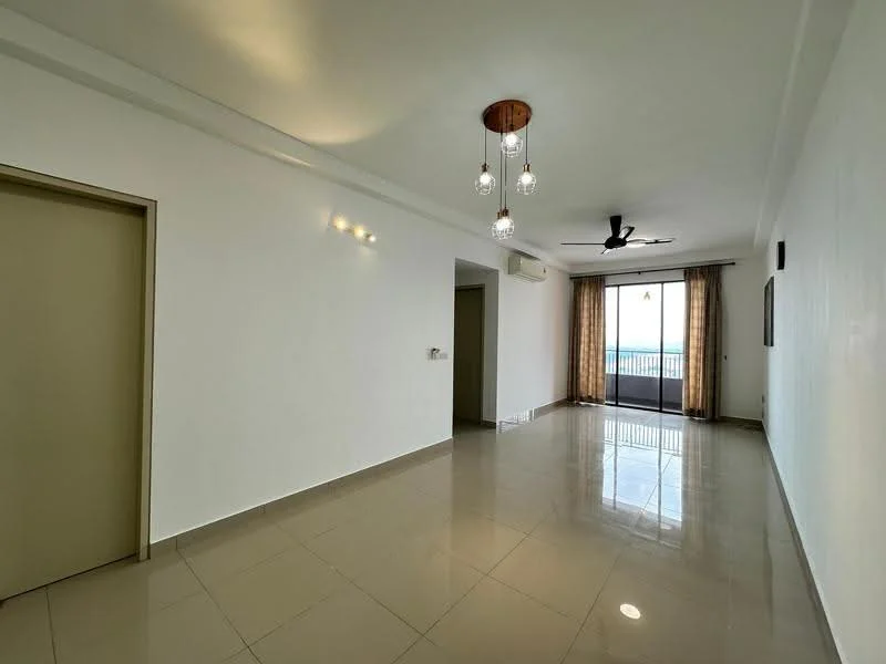 Living features: white painted walls, glossy ceramic tile flooring, 5-blade ceiling fan with light, recessed downlights, floor-to-ceiling windows, sliding glass door, curtains, balcony view; style: modern; view: city.