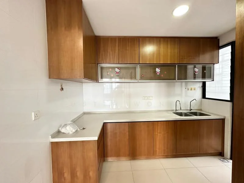 Kitchen features: brown wooden cabinetry, glass-front upper cabinets, white quartz countertop, double-bowl stainless-steel sink, chrome pull-down faucet, white tiled backsplash, recessed ceiling lights, window with black frame, light-colored tile flooring; style: modern.