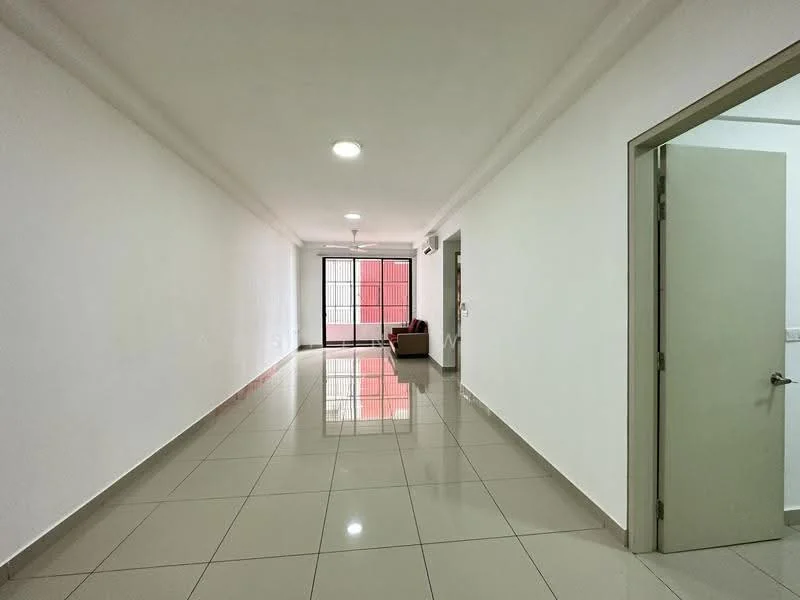 Room features: white painted walls, glossy ceramic tile flooring, recessed downlights, sliding glass door, floor-to-ceiling windows, ceiling fan, air conditioning unit, open layout, natural light from windows; style: modern; view: city.