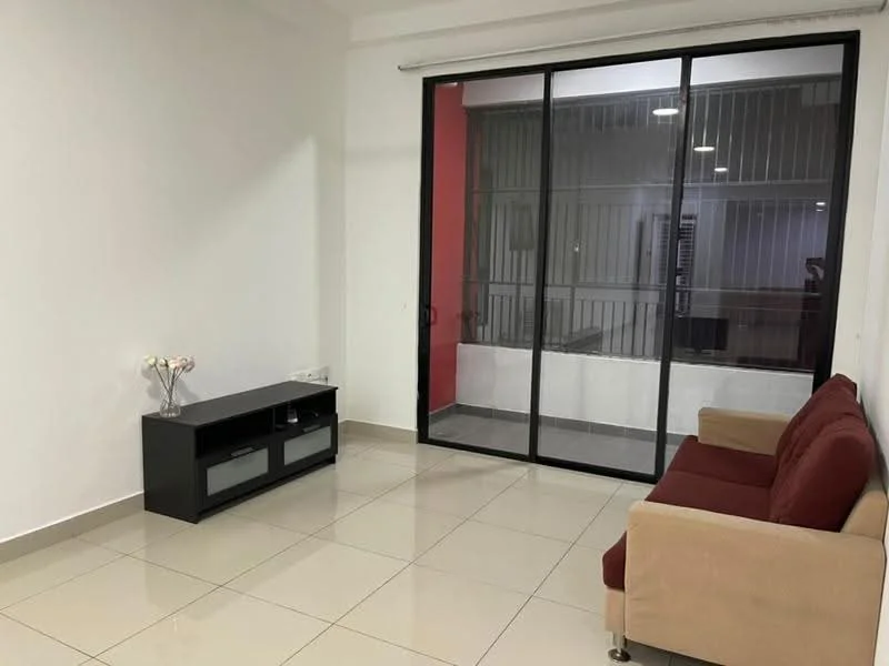 Living features: red fabric sofa, beige fabric sofa, black TV console, floor-to-ceiling sliding glass door, white painted walls, tile flooring, decorative vase with flowers, natural light from sliding door; style: modern; view: courtyard.